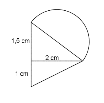 Figuren består av to rettvinklede trekanter og en halvsirkel. Den ene trekanten har kateter med lengde 1 cm og 2 cm, den andre 1,5 cm og 2 cm. Halvsirkelen har diameter lik hypotenusen til den andre trekanten.